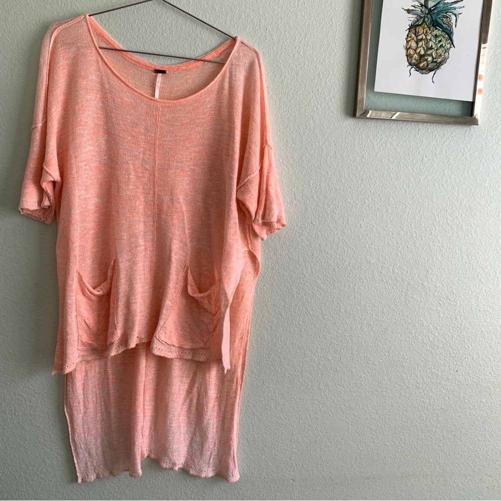 FREE PEOPLE high low pockets peach knit tunic top shirt XS coastal linen boxy - Picture 2 of 9